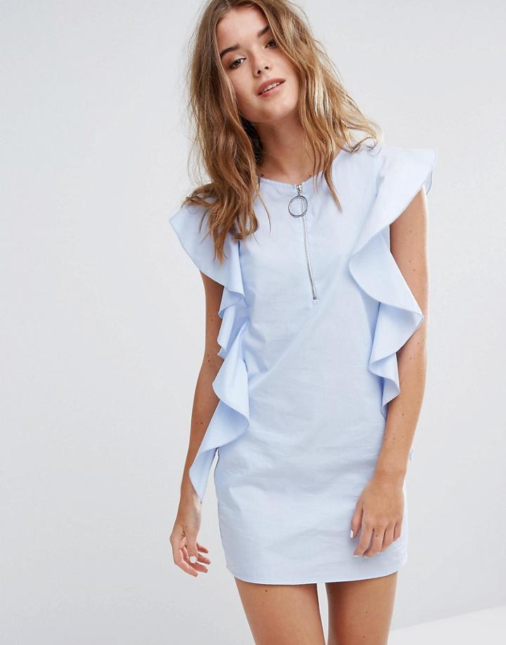 Pull & Bear Ruffle Detail Dress - Blue
