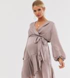 Flounce London Maternity Satin Mini Wrap Dress In Antique-purple