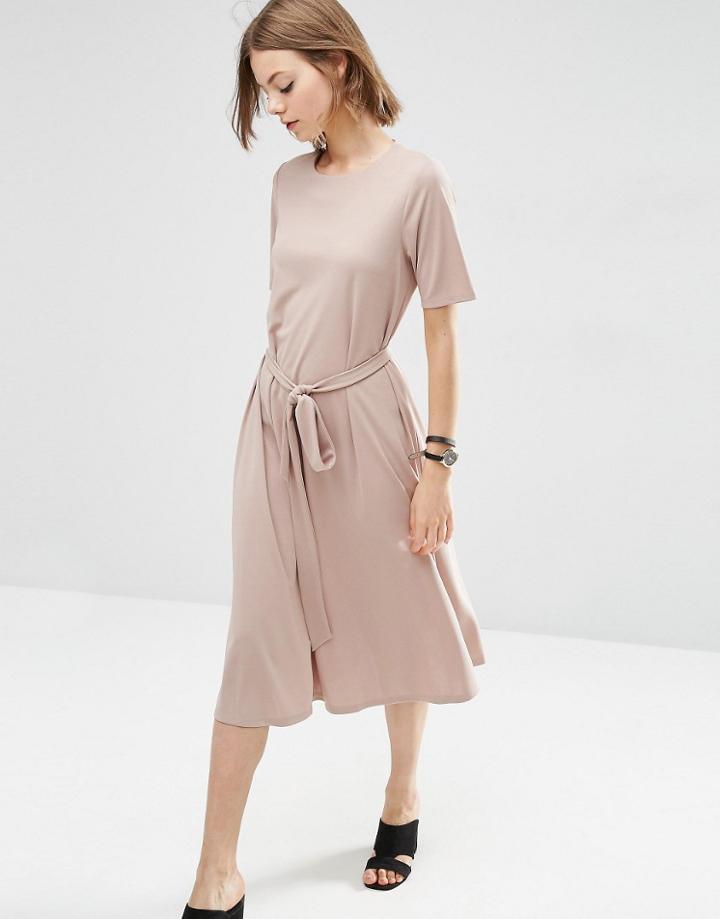 Asos Tie Front Midi Dress - Beige