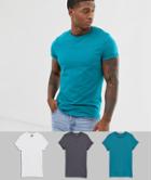 Asos Design 3 Pack T-shirt With Crew Neck With Roll Sleeve Save - Multi