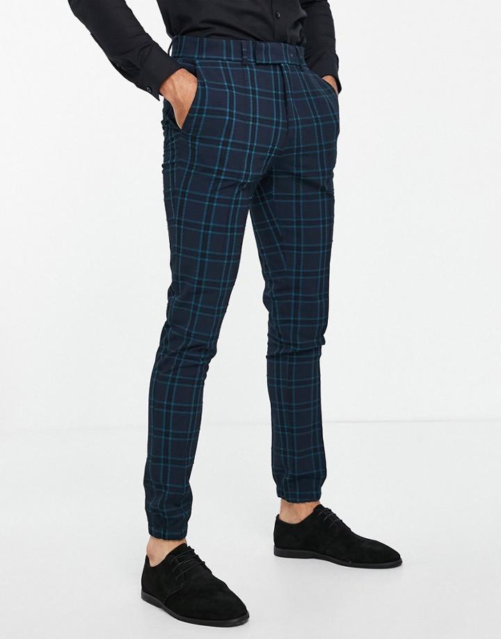Asos Design Smart Skinny Crepe Check Pants With Jogger Cuff In Teal - Part Of A Set-blues