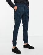 Asos Design Smart Skinny Crepe Check Pants With Jogger Cuff In Teal - Part Of A Set-blues