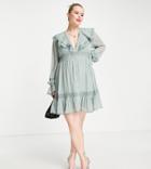 Asos Design Curve Lace Insert Mini Dress With Ruffle Detail And Button Up-green