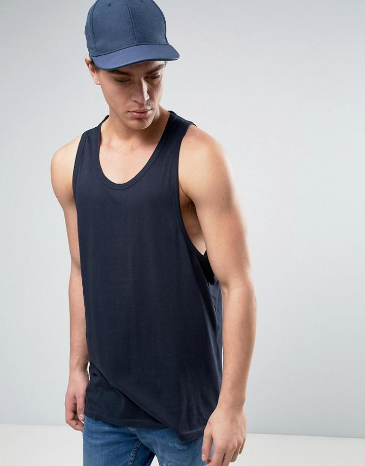 Brave Soul Longline Drop Arm Hole Tank - Navy