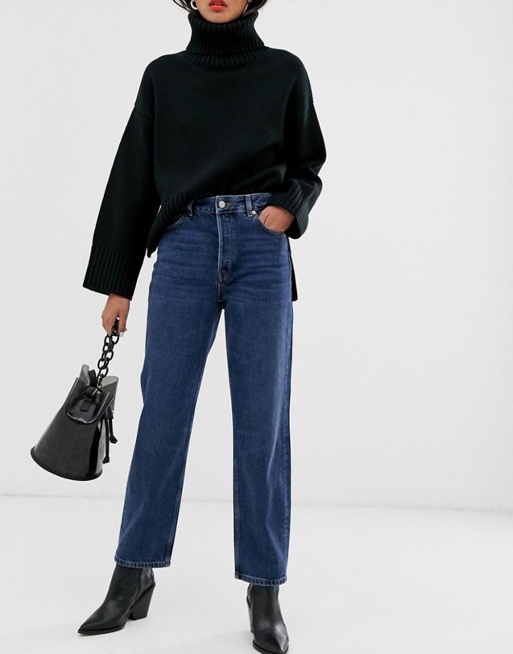 Selected Femme Cotton High Waist Straight Leg Jeans In Blue Wash - Mblue