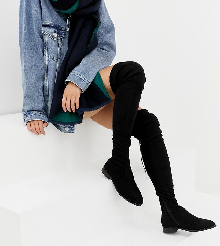 Asos Design Slim Kaska Flat Studded Over The Knee Boots - Black