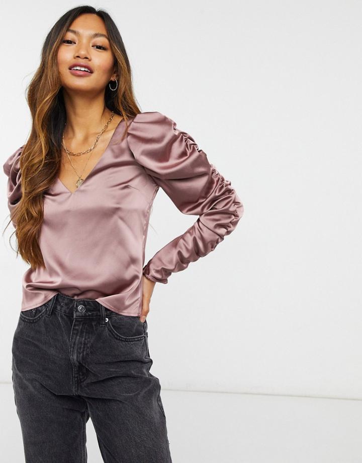 Asos Design V Neck Top In Satin With Ruched Sleeve Detail In Dusty Pink