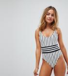 Asos Design Petite Recycled Contrast Mono Stripe Swimsuit-multi