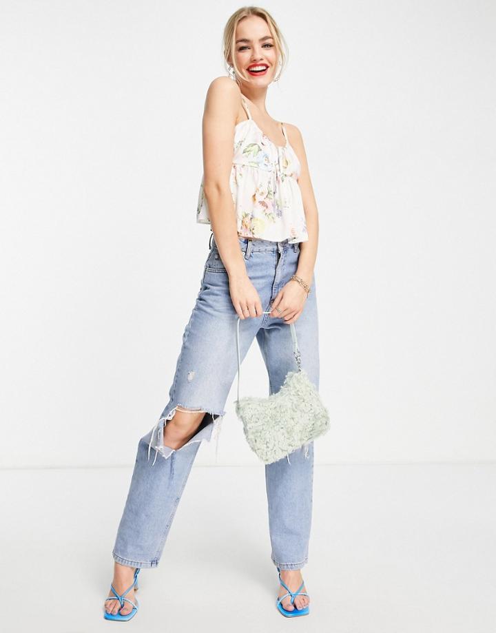 Asos Design Ruched Channel Cami With Peplum Hem In Pastel Floral-multi