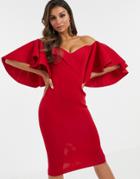 Asos Design Cape Flutter Bardot Midi Dress - Red