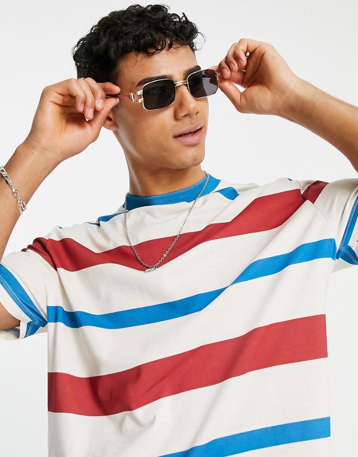 Asos Design Relaxed Stripe T-shirt In Color Block Stripe-white