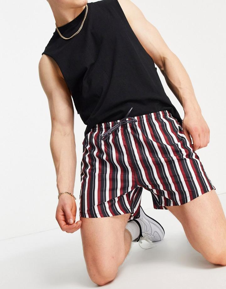 Brave Soul Swim Shorts In Burgundy Stripe-black