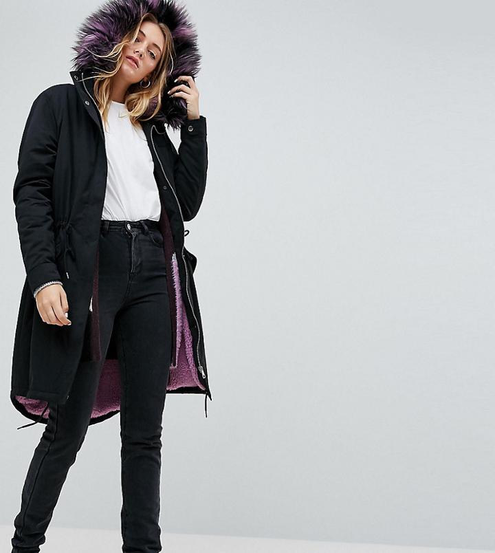 Noisy May Tall Parka Coat With Faux Fur Lining - Black
