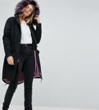 Noisy May Tall Parka Coat With Faux Fur Lining - Black