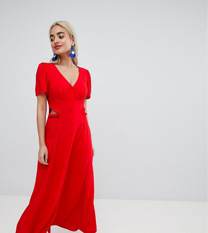 Asos Design Petite Button Through Maxi Dress - Red