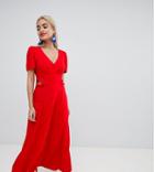 Asos Design Petite Button Through Maxi Dress - Red