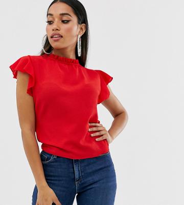 Boohoo Petite Blouse With Frill Sleeve In Red - Red