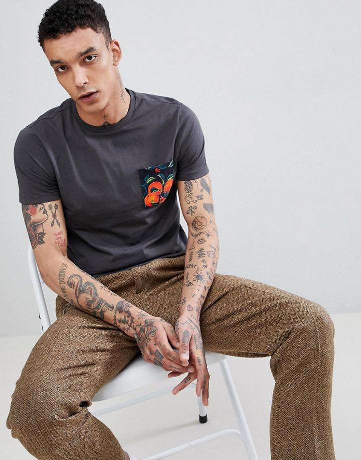 Asos Design T-shirt With Woven Floral Printed Pocket - Gray