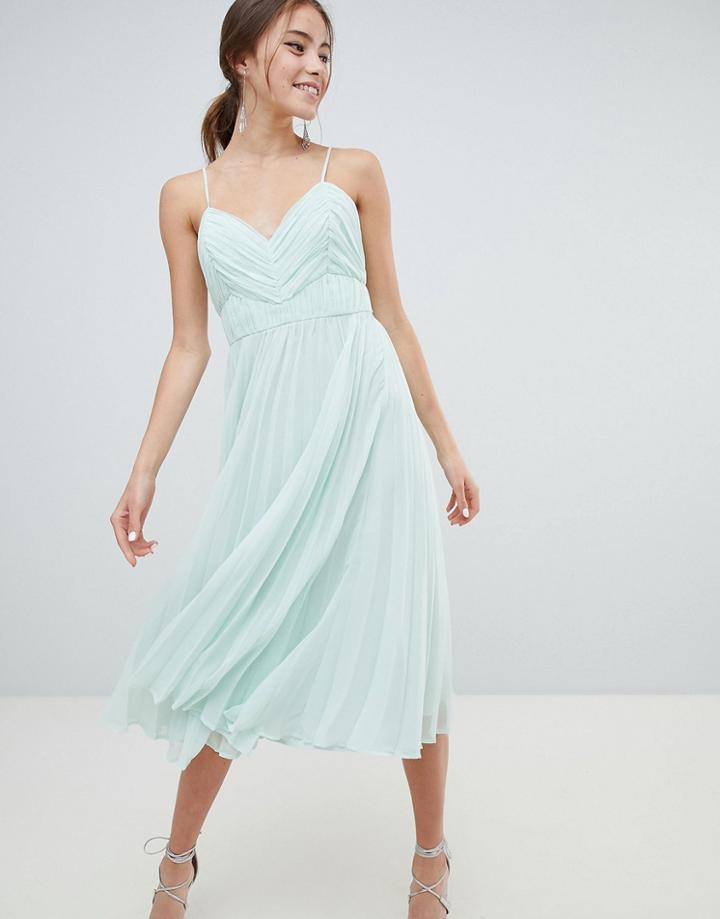 Asos Design Ruched Cami Pleated Midi Dress - Green