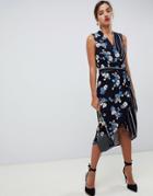 Oasis Sleeveless Wrap Dress In Floral And Stripe Print - Multi