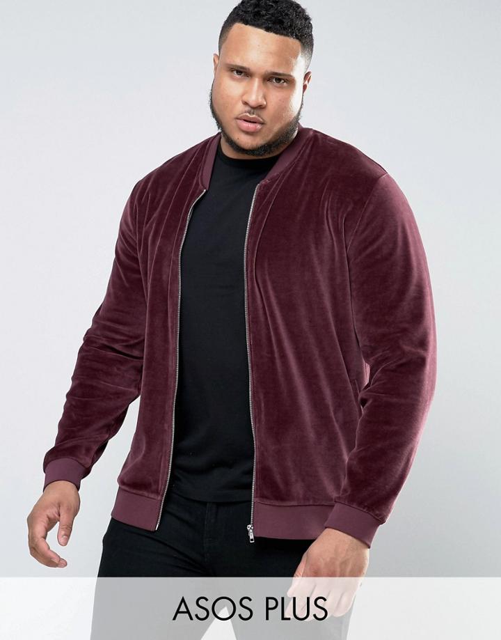 Asos Plus Jersey Bomber Jacket In Velour - Red