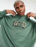 Asos Design Oversized Long Sleeve Terrycloth T-shirt In Green With Tokyo City Embroidery