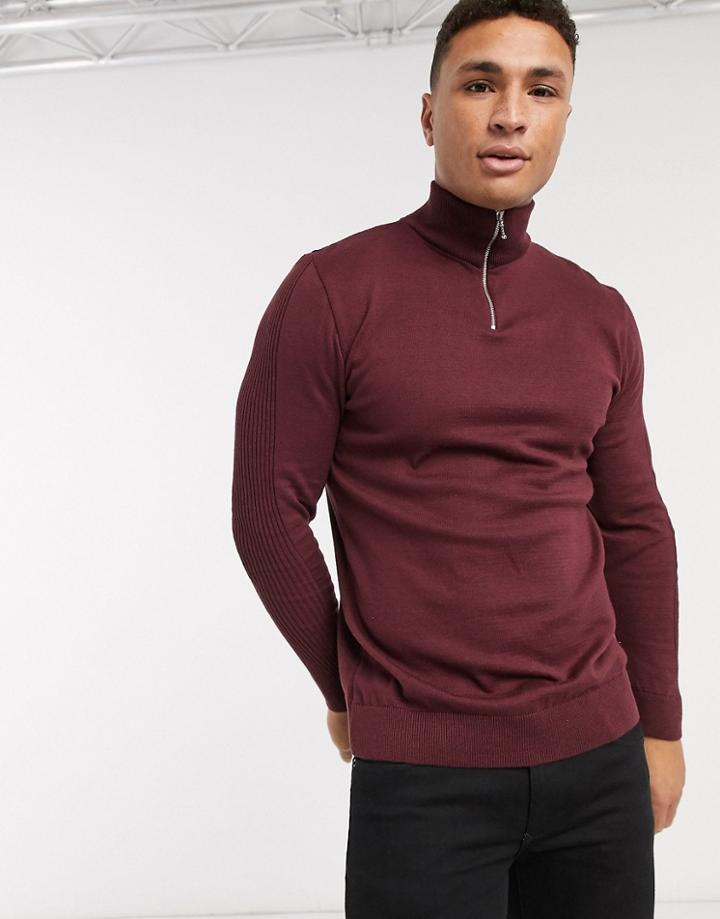 River Island Half Zip Sweater In Burgundy-red