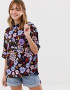 Monki Floral Print Blouse With Short Sleeve In Navy - Multi