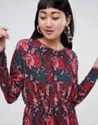 Monki Flower Print Frill Neck Top In Red - Multi