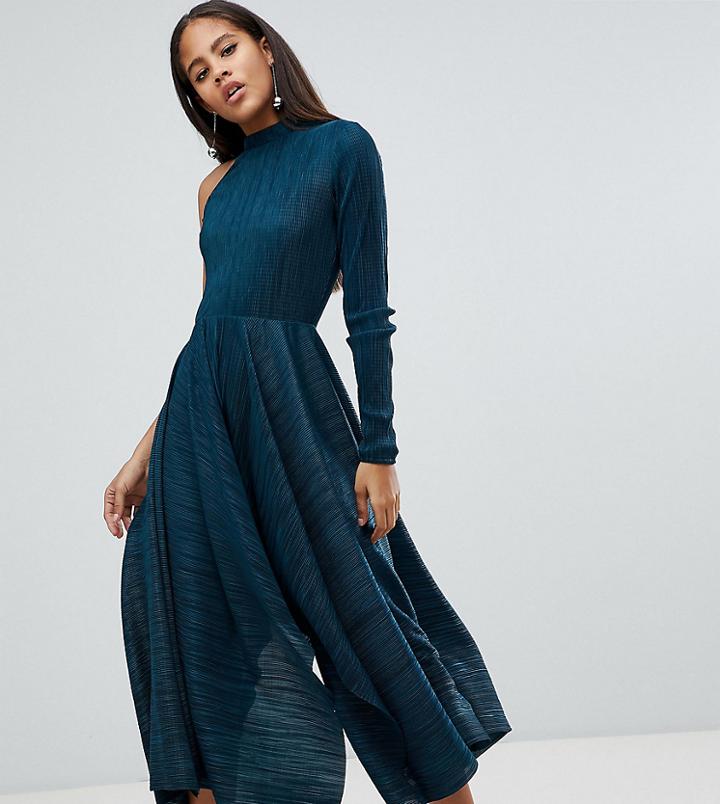Asos Design Tall Asymmetric One Sleeve Plisse Dress - Green
