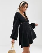 Asos Design Broderie Mini Dress With Tuck Sleeve - Black