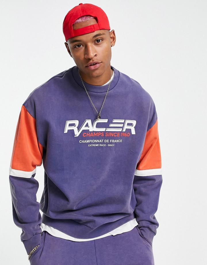 Asos Design Oversized Sweatshirt In Navy & Red Color Block With Chest Print - Part Of A Set