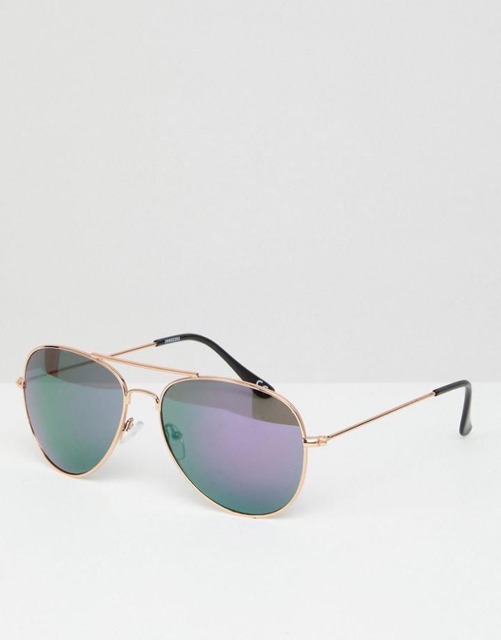 Asos Aviator Sunglasses In Gold Frame With Colored Mirrored Lens - Gold