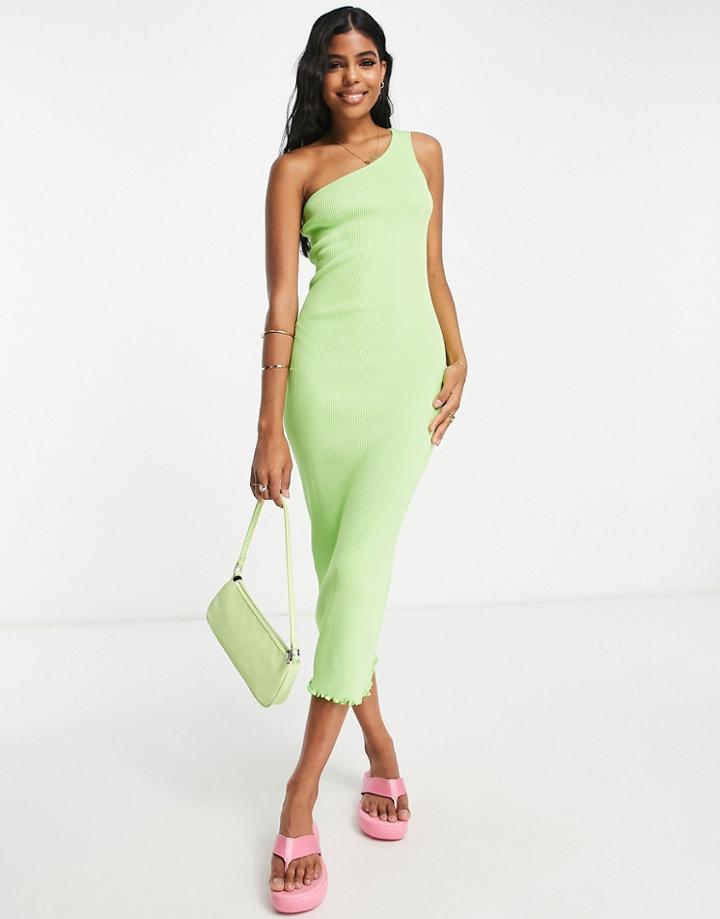 Monki One Shoulder Knit Midi Dress In Bright Green