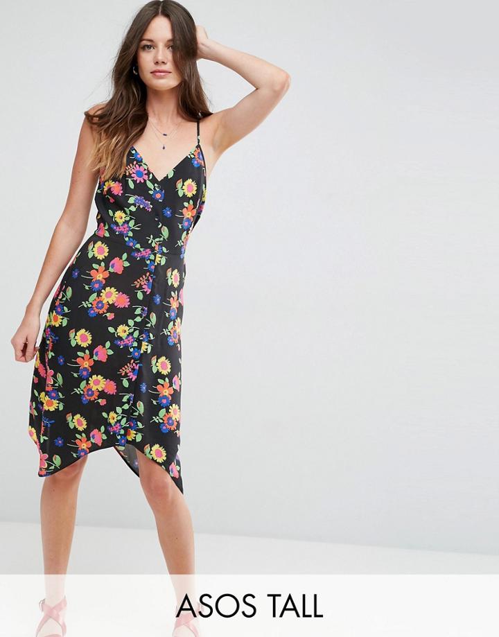 Asos Tall Floral Print Button Through Sun Dress With Dipped Hem - Multi
