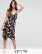 Asos Tall Floral Print Button Through Sun Dress With Dipped Hem - Multi