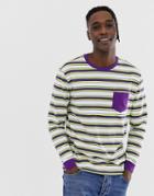 Asos Design Organic Cotton Relaxed Long Sleeve T-shirt With Bright Retro Stripe And Chest Pocket-white