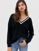 Mango V Neck Cricket Sweater In Black - Black