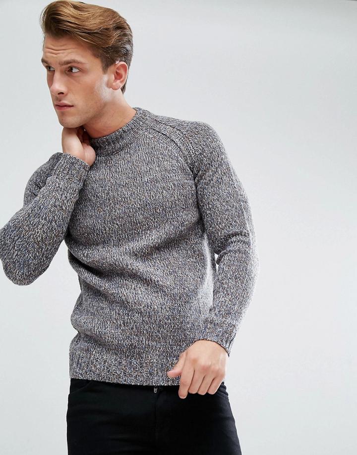 Solid Raglan Sleeve Twist Yarn Sweater With High Neck - Blue