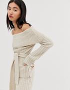 Asos Design Two-piece Bardot Sweater With Belt Detail - Beige