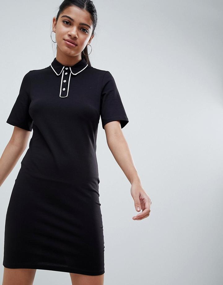 Asos Design Contrast Piping Polo T-shirt Dress - Black