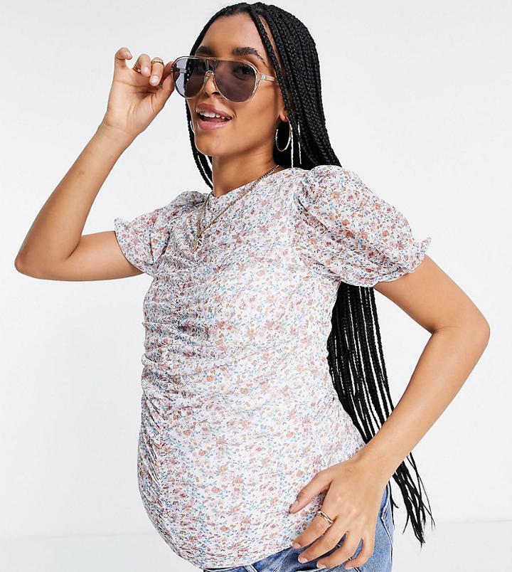 Missguided Maternity Mesh Puff Sleeve Top In Pink Ditsy Print