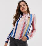 Boohoo Tie Neck Satin Blouse In Pastel Stripe - Multi