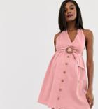 Asos Design Maternity Halter Neck Mini Button Through Linen Sundress With Buckle - Pink