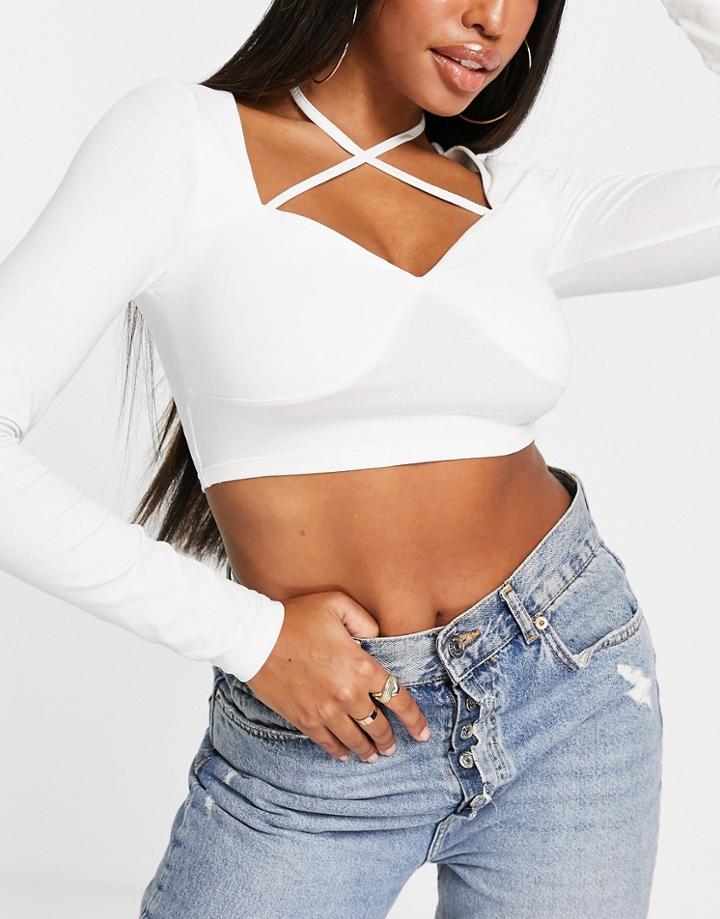 Asos Design Hourglass Halter Detail Long Sleeve Crop Top In White