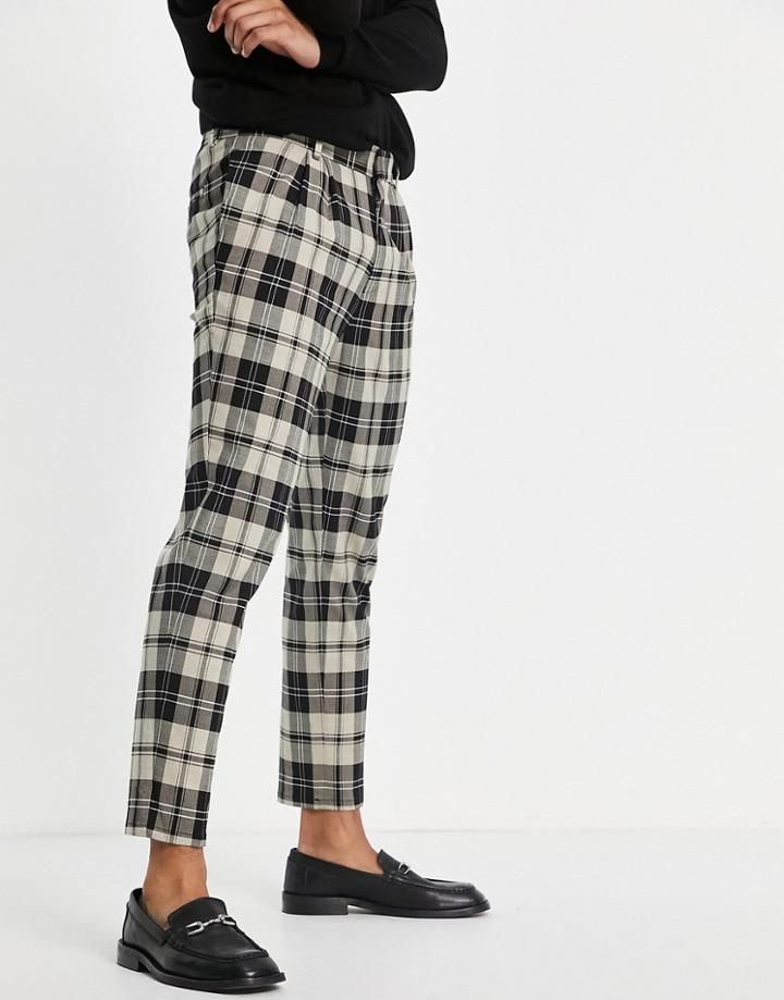 River Island Tapered Pleated Pants In Ecru Plaid-neutral