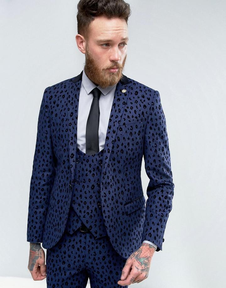 Noose & Monkey Super Skinny Suit Jacket With Leopard Flocking - Blue