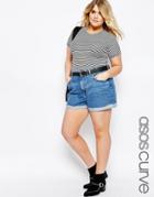 Asos Curve Denim Mom Shorts In Waterfall Mid Wash With Raw Hem Turn-up - Midwash Blue