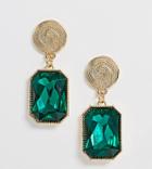 Reclaimed Vintage Inspired Statement Earrings With Green Stone - Gold
