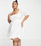 Asos Design Curve Broderie Mini Smock Dress With Shirred Back In White